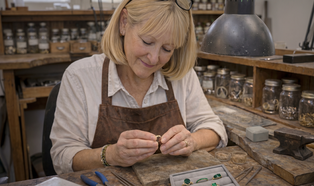 Woman working in a jewelry workshop with tools and materials around her.