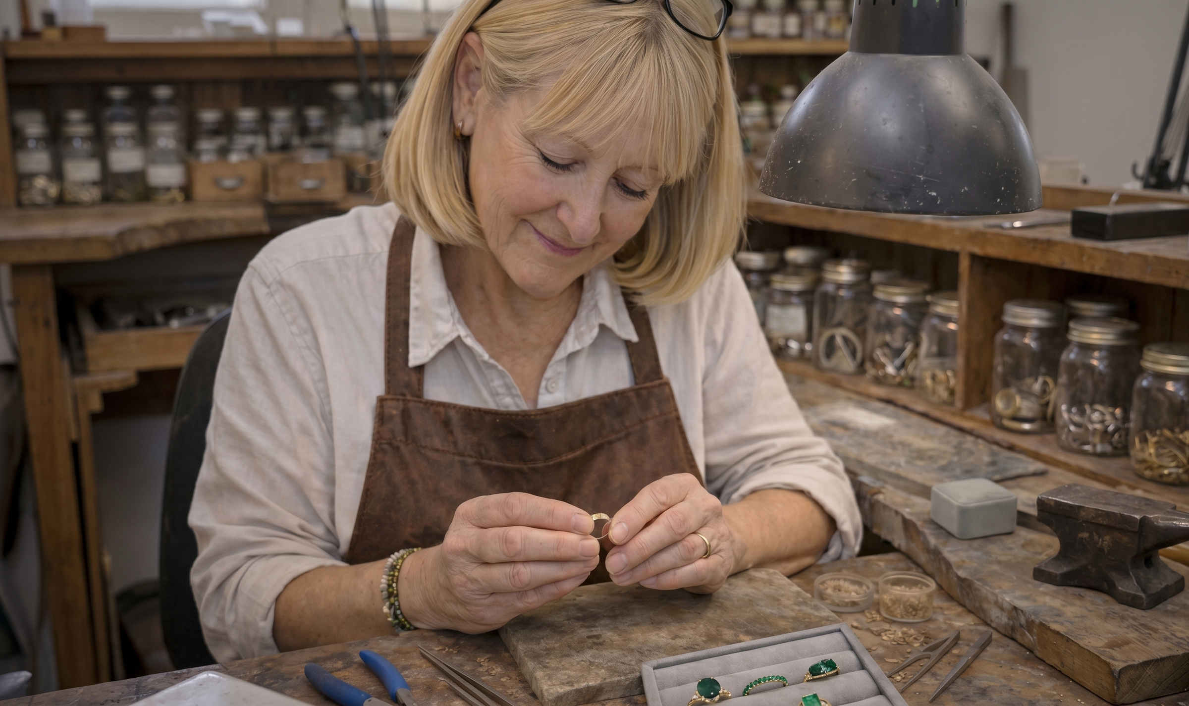 Woman working in a jewelry workshop with tools and materials around her.