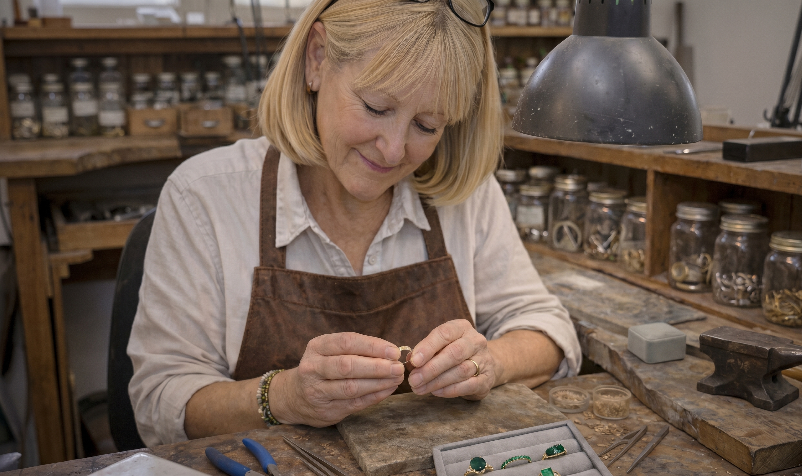 Woman working in a jewelry workshop with tools and materials around her.